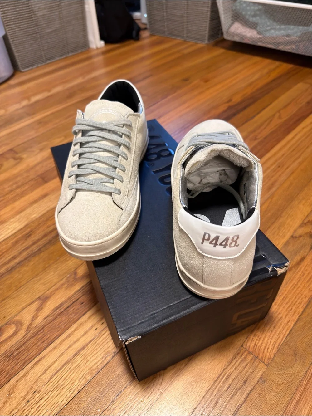 NWT P448 Men’s John Sneaker, Size 41 (8-8.5), Tan Beige White Suede